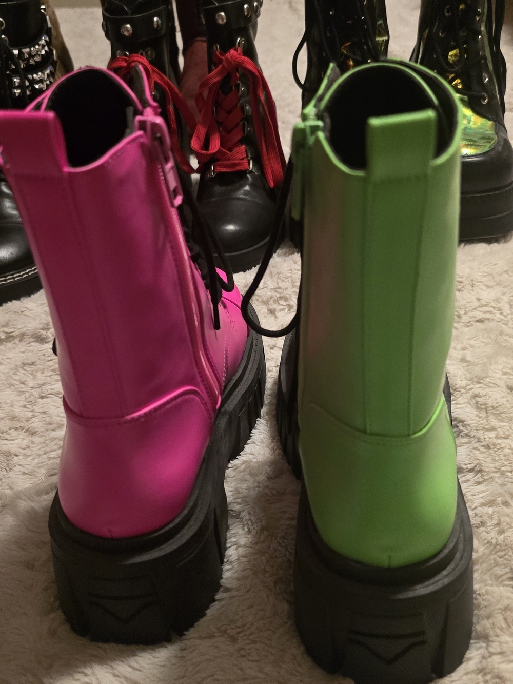 Neon Green & Hot Pink Platform Combat Boots - Women's Lace-Up - Picture 4 of 9